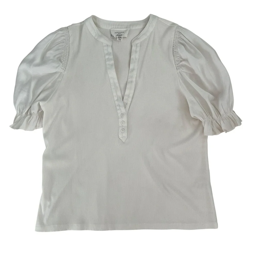 Pomander Place White Livia Puff Sleeve‎ V Neck Top SZ  XXL Costal Minimalist